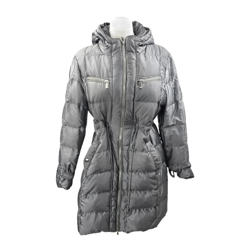 Michael Kors Gray Down Hoodie Hooded Long Sleeve Quilted Puffer Coat Size L